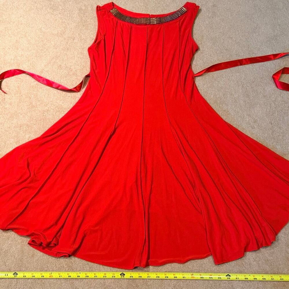 HAANI Petite Dress PM Medium Red Embellished Neck Fit & Flare Paneled Satin Tie